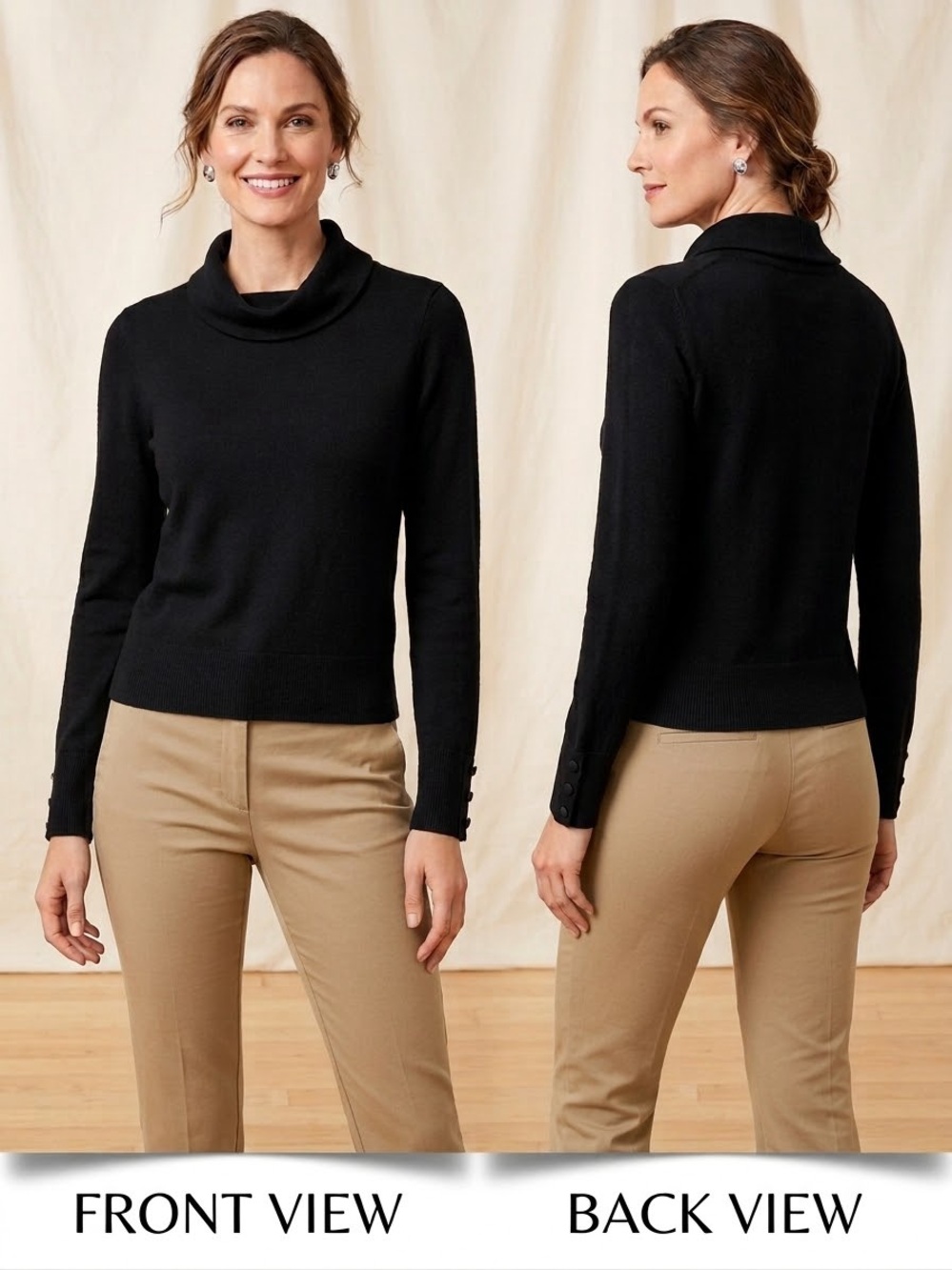 Talbots Pure Merino Wool Career Office Preppy Black Cowl Neck Sweater SZ M